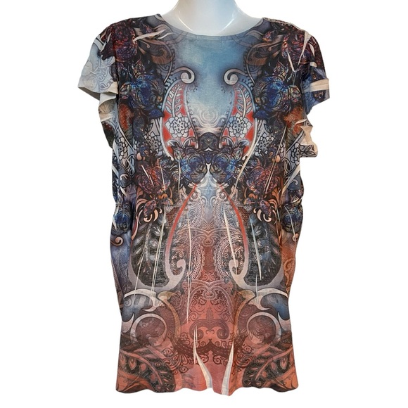 UNITY Top Ruffle Sleeve Sublimation Print Jersey Knit Size Large - Picture 2 of 8